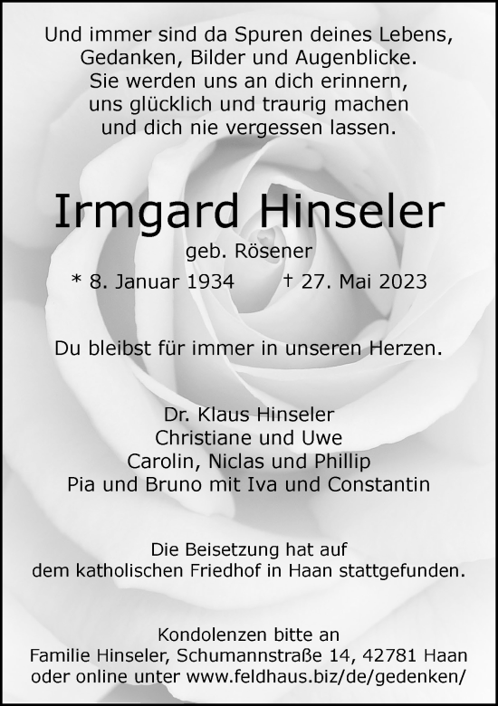 Traueranzeige von Irmgard Hinseler von Rheinische Post