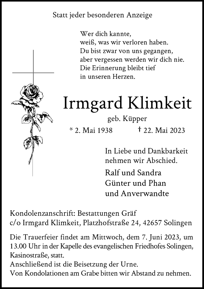  Traueranzeige für Irmgard Klimkeit vom 03.06.2023 aus Rheinische Post