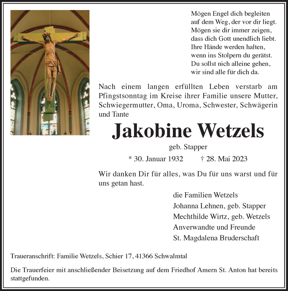  Traueranzeige für Jakobine Wetzels vom 03.06.2023 aus Rheinische Post