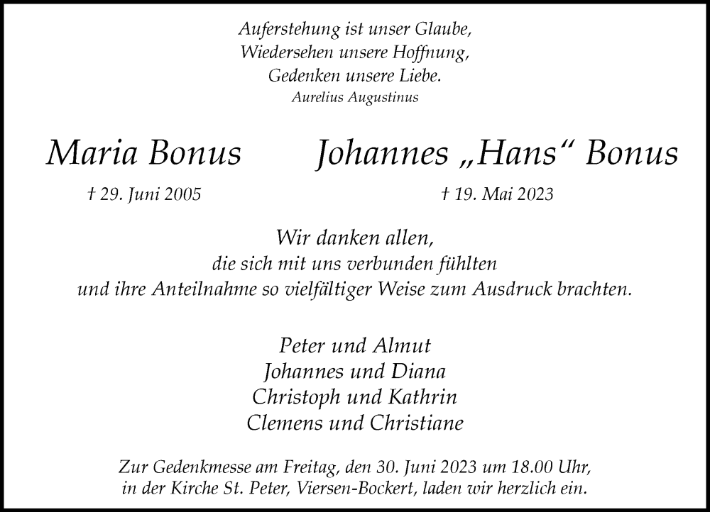  Traueranzeige für Johannes Bonus vom 24.06.2023 aus Rheinische Post