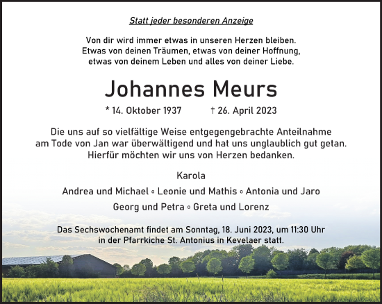 Traueranzeige von Johannes Meurs von Rheinische Post