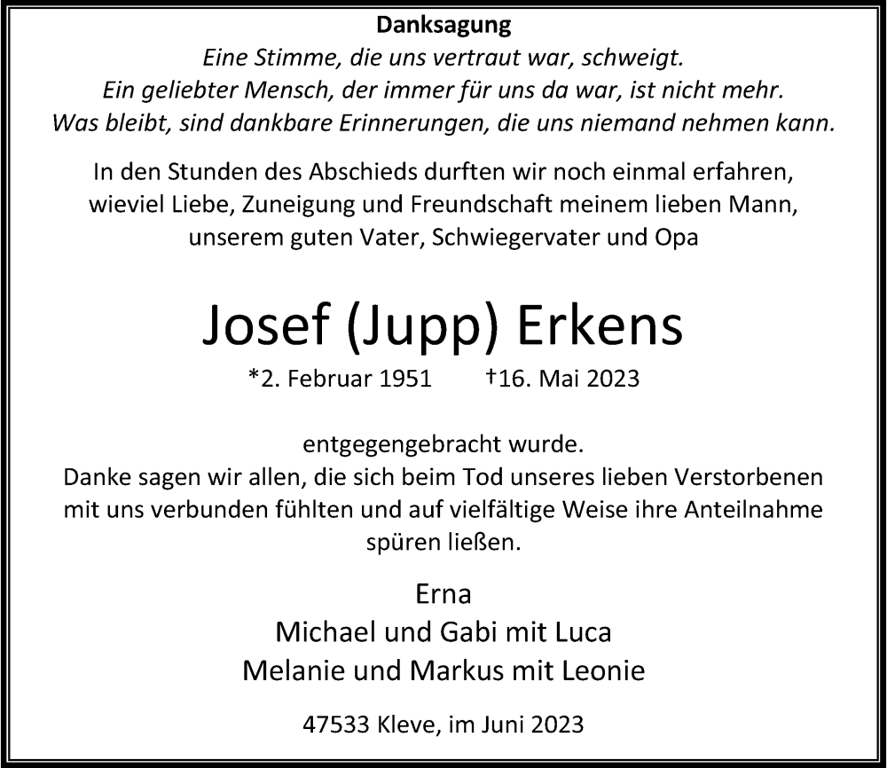  Traueranzeige für Josef Erkens vom 24.06.2023 aus Rheinische Post