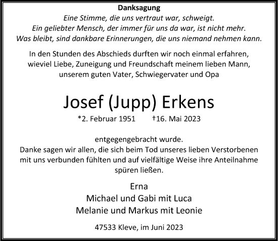 Traueranzeige von Josef Erkens von Rheinische Post