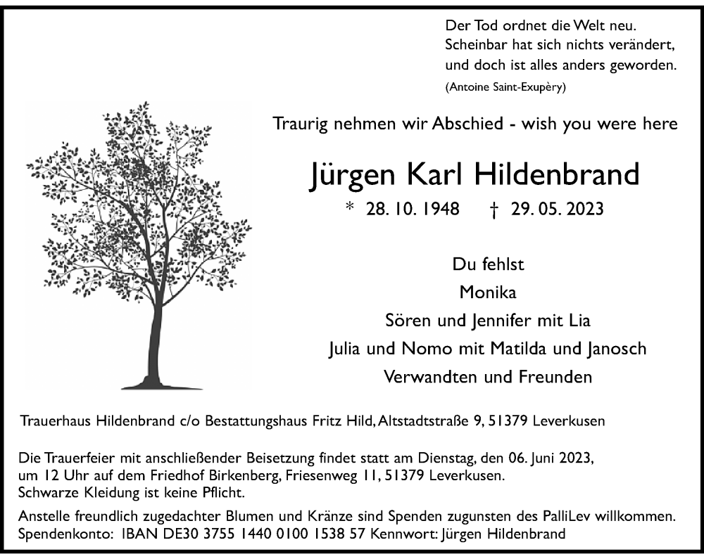  Traueranzeige für Jürgen Karl Hildenbrand vom 03.06.2023 aus Rheinische Post