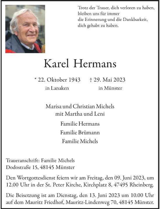 Traueranzeige von Karel Hermans von Rheinische Post