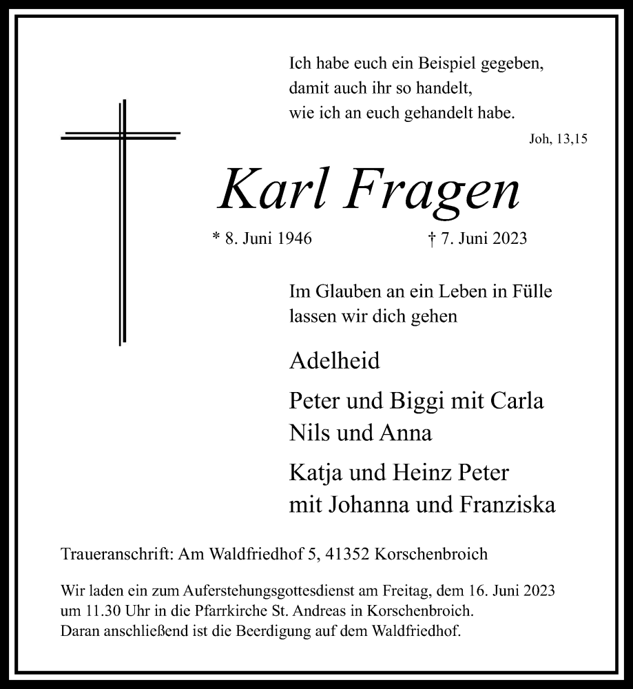  Traueranzeige für Karl Fragen vom 10.06.2023 aus Rheinische Post
