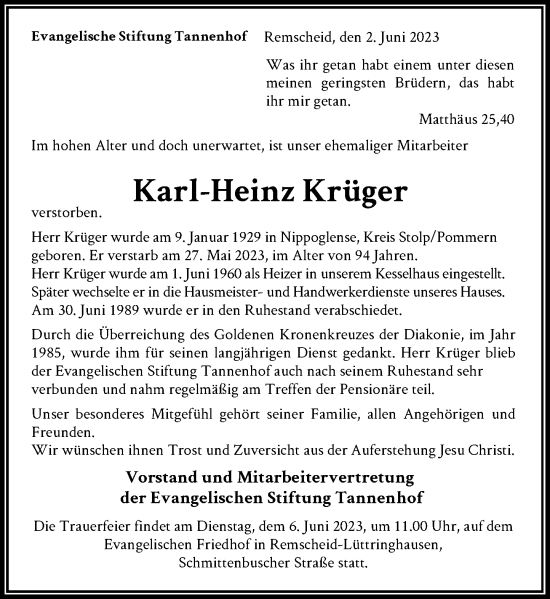 Traueranzeige von Karl-Heinz Krüger von Rheinische Post