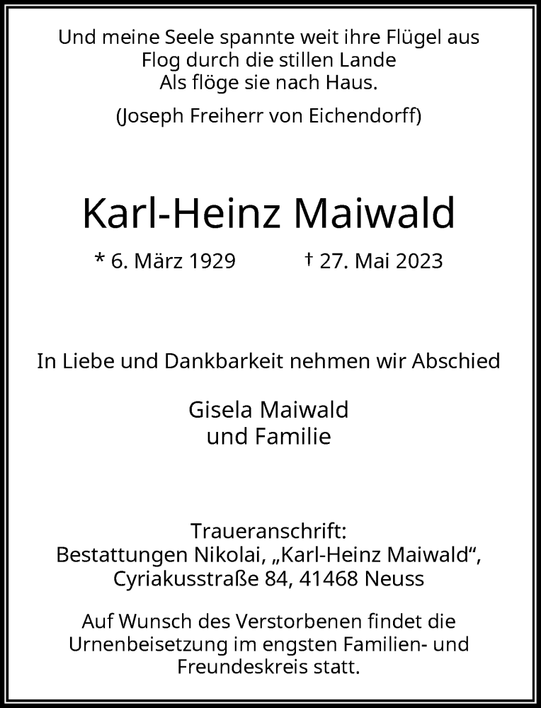  Traueranzeige für Karl-Heinz Maiwald vom 03.06.2023 aus Rheinische Post