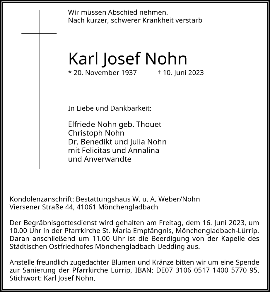  Traueranzeige für Karl Josef Nohn vom 13.06.2023 aus Rheinische Post