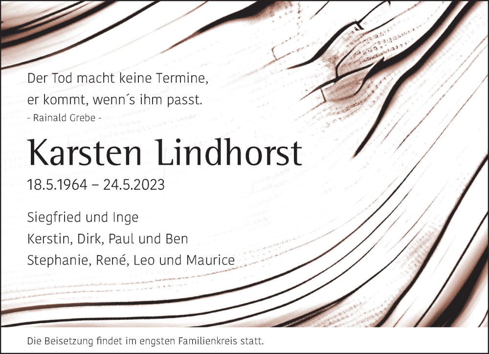 Traueranzeige für Karsten Lindhorst vom 03.06.2023 aus Rheinische Post