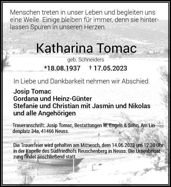 Traueranzeige von Katharina Tomac von Rheinische Post