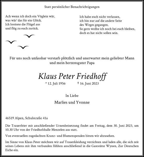 Traueranzeige von Klaus Peter Friedhoff von Rheinische Post