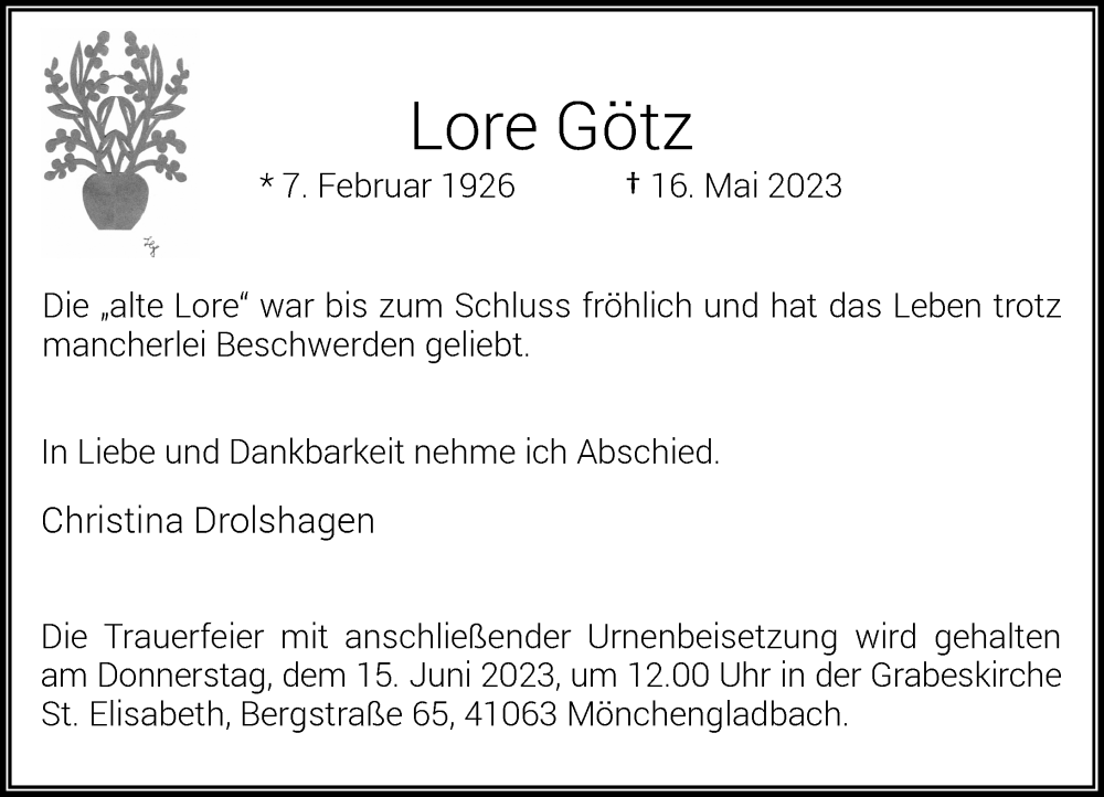  Traueranzeige für Lore Götz vom 03.06.2023 aus Rheinische Post