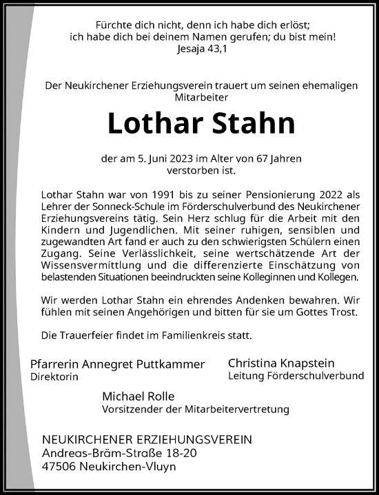 Traueranzeige von Lothar Stahn von Rheinische Post