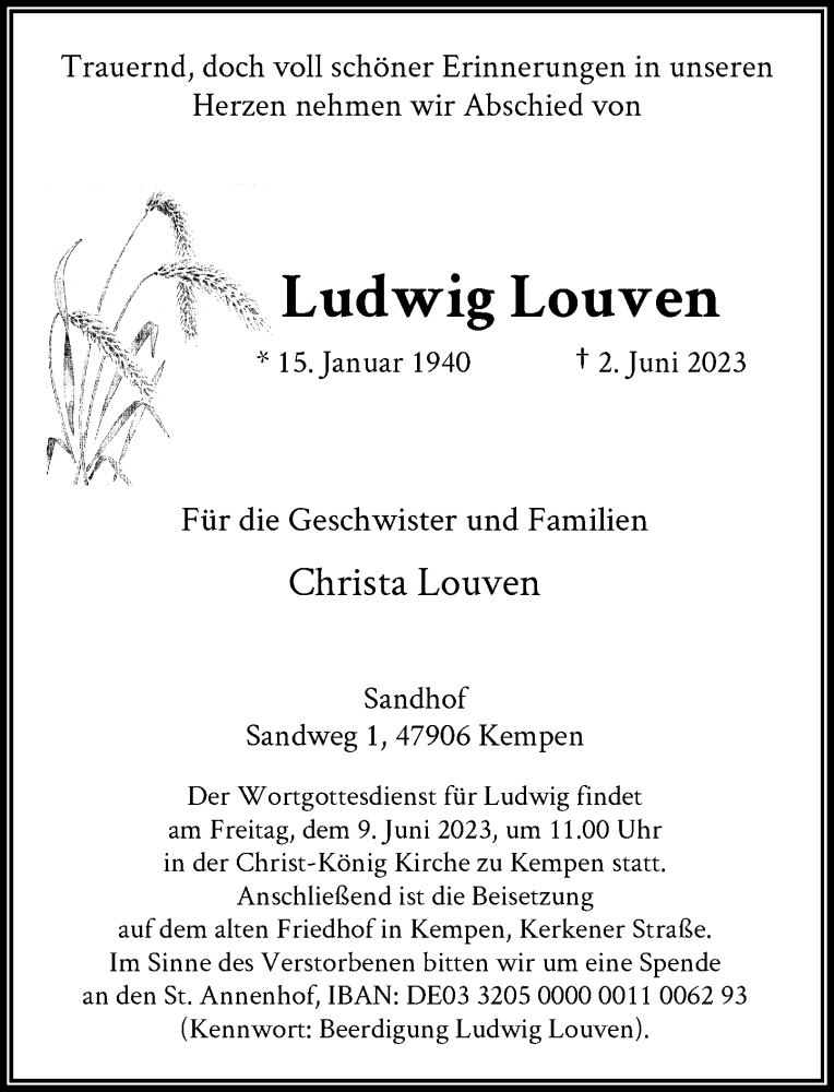  Traueranzeige für Ludwig Louven vom 07.06.2023 aus Rheinische Post