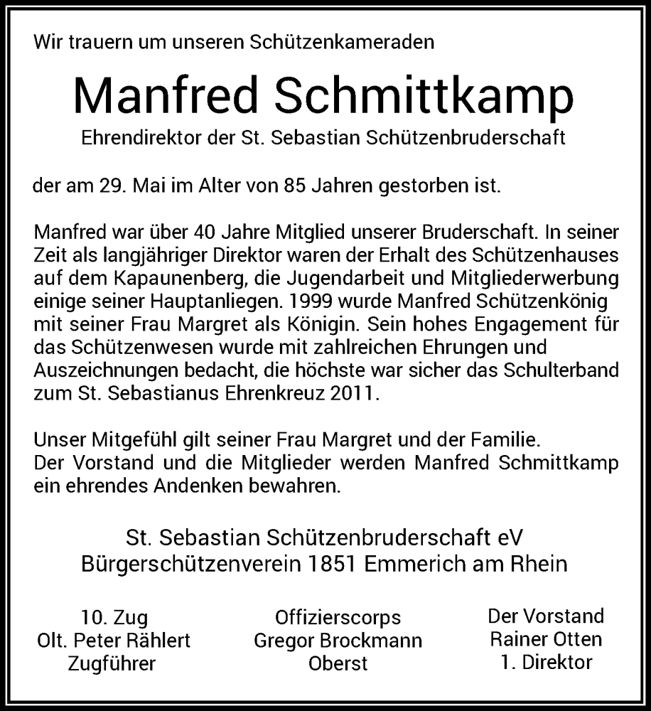  Traueranzeige für Manfred Schmittkamp vom 10.06.2023 aus Rheinische Post