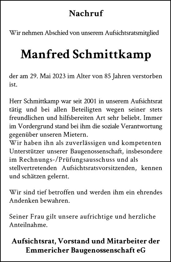 Traueranzeige von Manfred Schmittkamp von Rheinische Post
