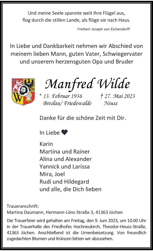  Traueranzeige für Manfred Wilde vom 03.06.2023 aus Rheinische Post