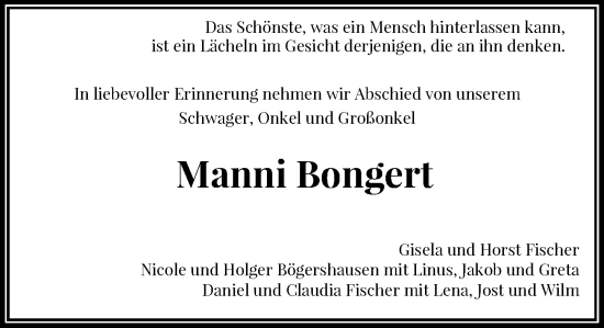 Traueranzeige von Manni Bongert von Rheinische Post