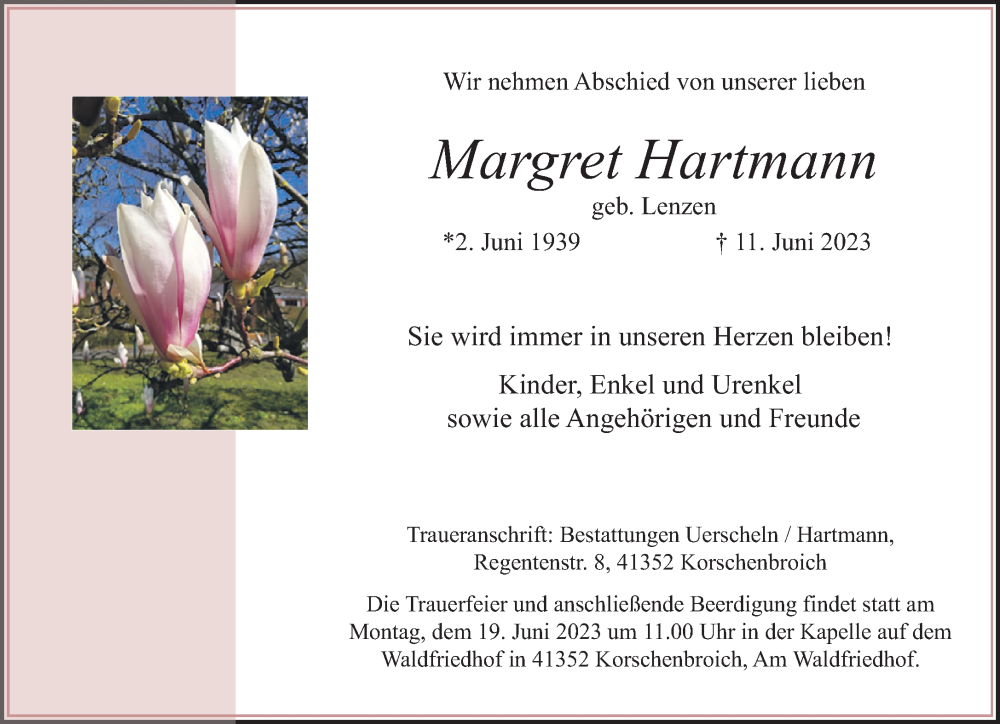  Traueranzeige für Margret Hartmann vom 17.06.2023 aus Rheinische Post