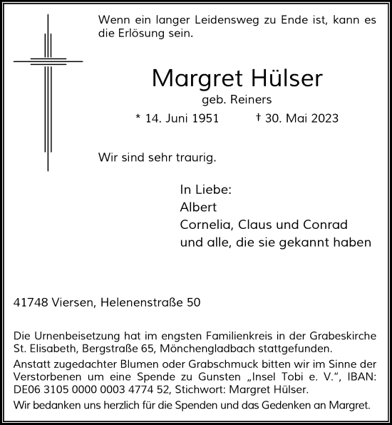 Traueranzeige von Margret Hülser von Rheinische Post