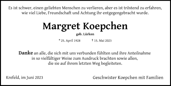 Traueranzeige von Margret Koepchen von Rheinische Post