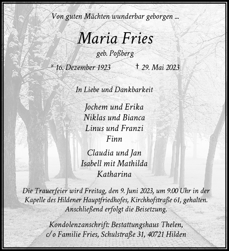  Traueranzeige für Maria Fries vom 03.06.2023 aus Rheinische Post