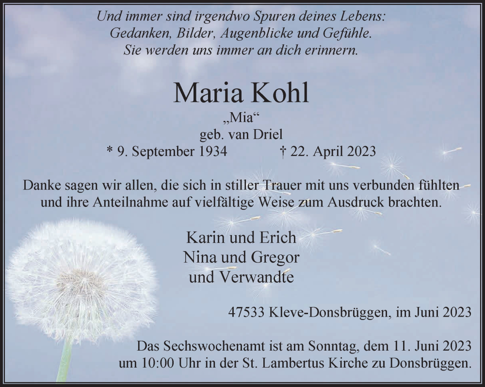 Traueranzeige für Maria Kohl vom 03.06.2023 aus Rheinische Post