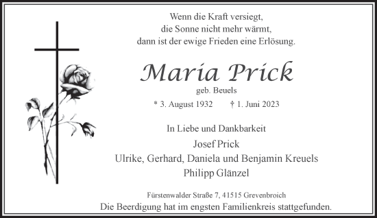 Traueranzeige von Maria Prick von Rheinische Post