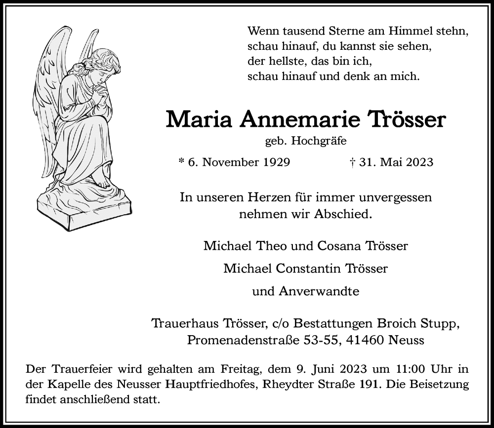  Traueranzeige für Maria Annemarie Trösser vom 03.06.2023 aus Rheinische Post