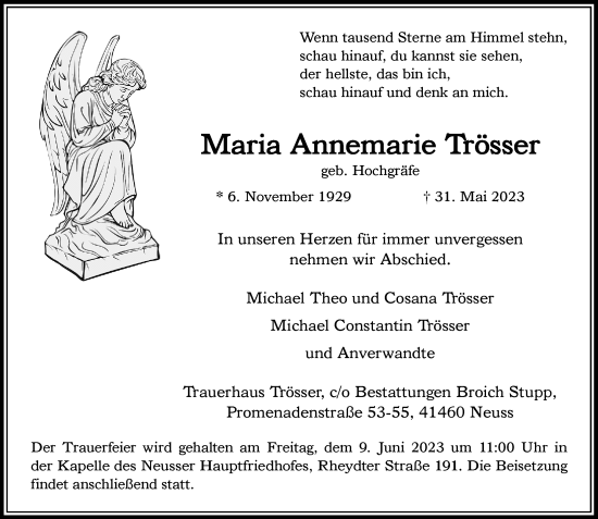 Traueranzeige von Maria Annemarie Trösser von Rheinische Post