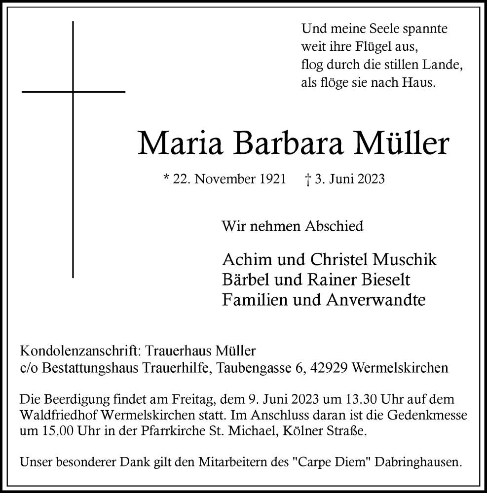  Traueranzeige für Maria Barbara Müller vom 07.06.2023 aus Rheinische Post