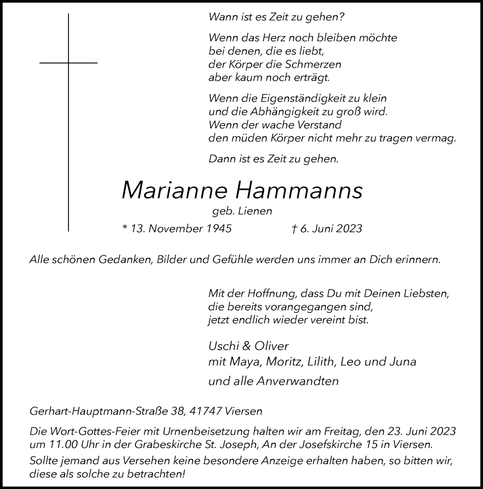  Traueranzeige für Marianne Hammanns vom 17.06.2023 aus Rheinische Post