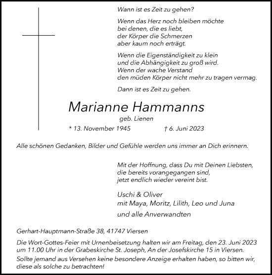 Traueranzeige von Marianne Hammanns von Rheinische Post