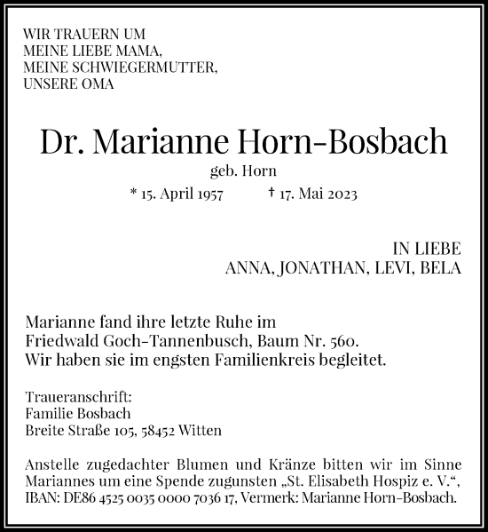 Traueranzeige von Marianne Horn-Bosbach von Rheinische Post