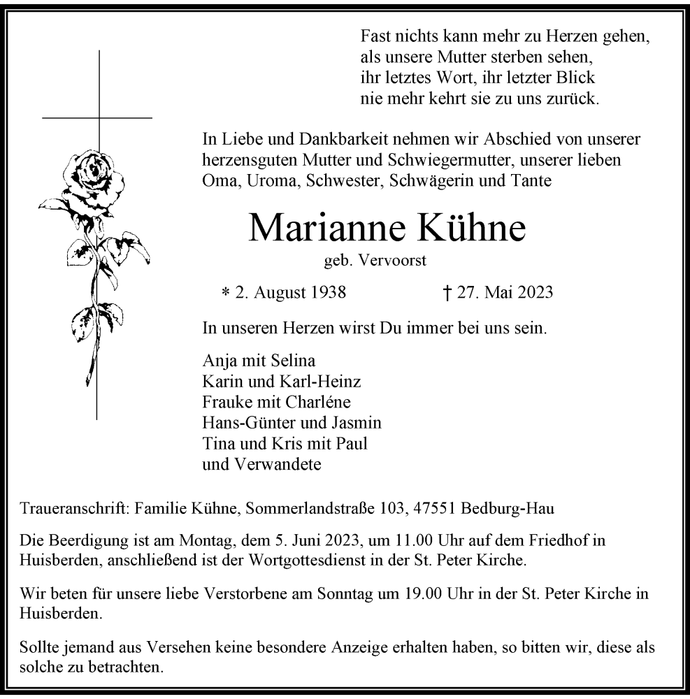  Traueranzeige für Marianne Kühne vom 01.06.2023 aus Rheinische Post