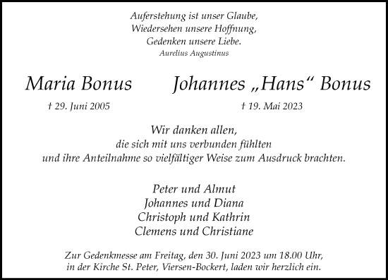 Traueranzeige von Maria und Johannes Bonus von Rheinische Post