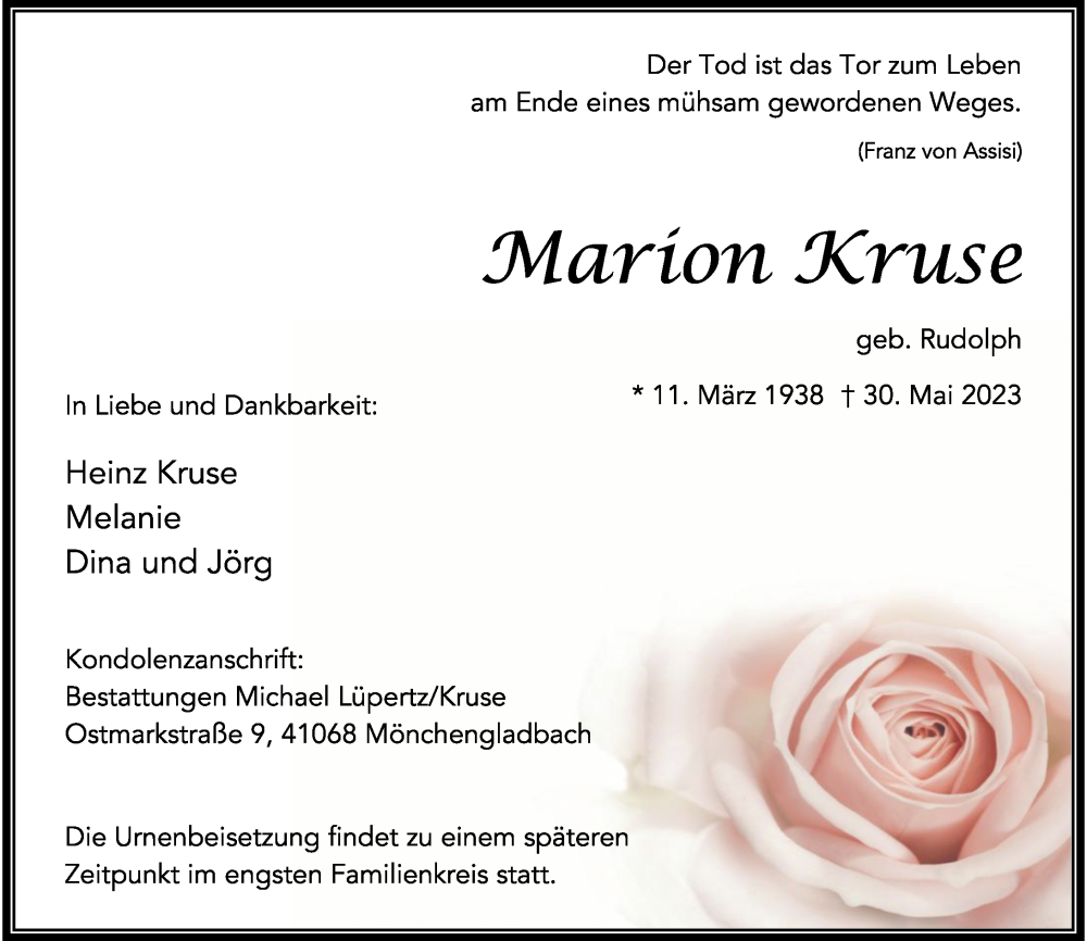  Traueranzeige für Marion Kruse vom 03.06.2023 aus Rheinische Post
