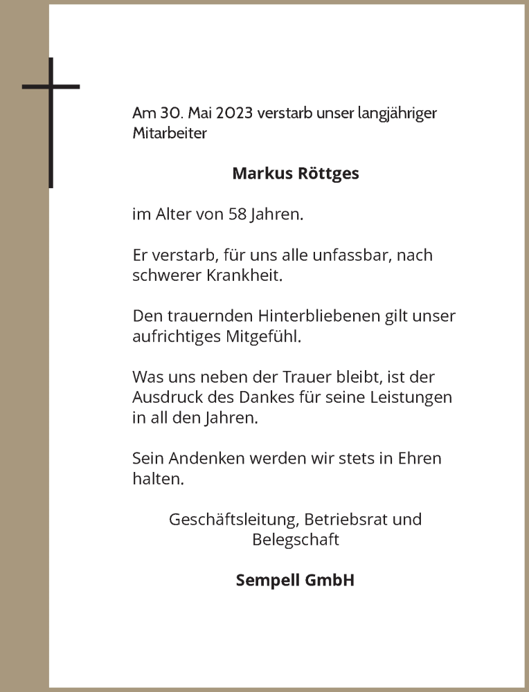  Traueranzeige für Markus Röttges vom 03.06.2023 aus Rheinische Post