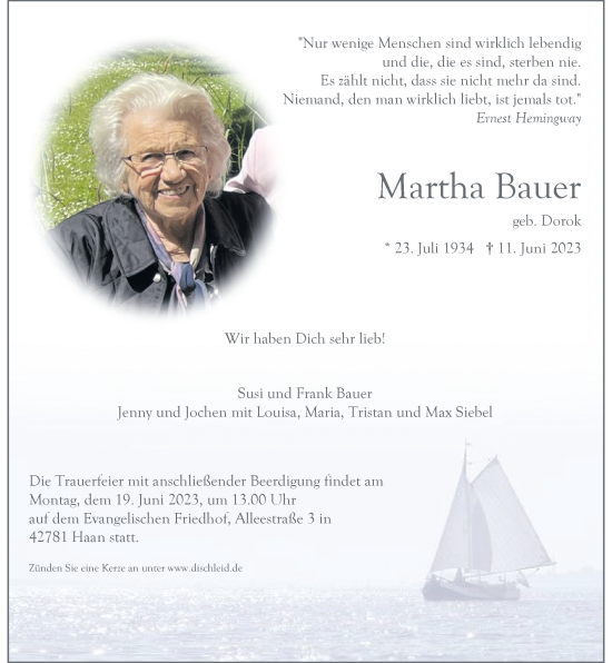 Traueranzeige von Martha Bauer von Rheinische Post