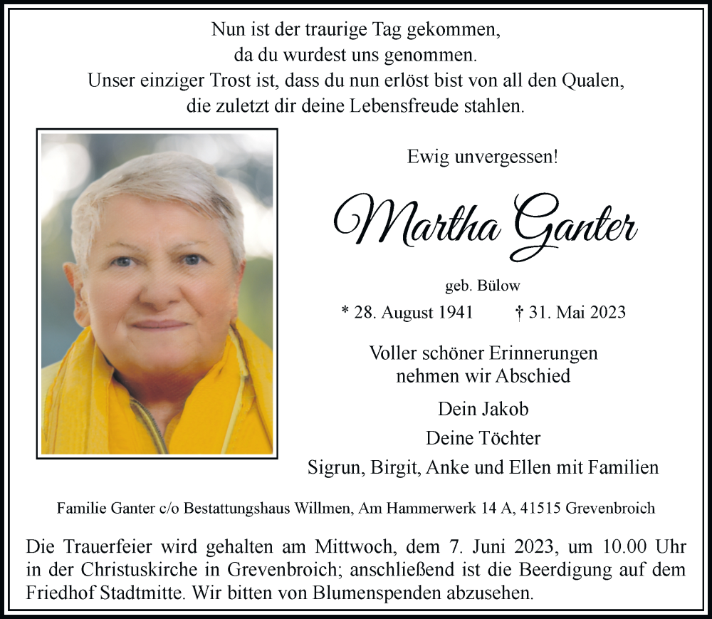  Traueranzeige für Martha Ganter vom 03.06.2023 aus Rheinische Post