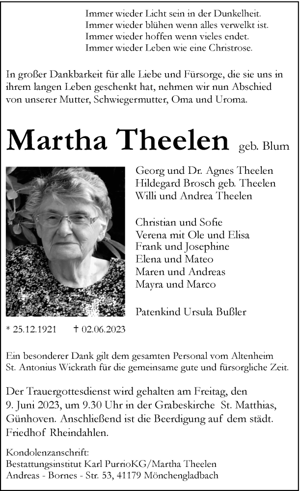  Traueranzeige für Martha Theelen vom 07.06.2023 aus Rheinische Post