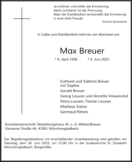 Traueranzeige von Max Breuer von Rheinische Post