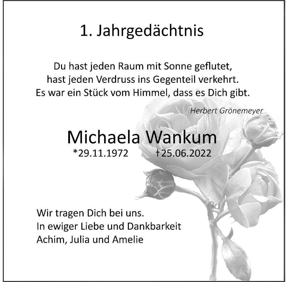 Traueranzeige für Michaela Wankum vom 24.06.2023 aus Rheinische Post