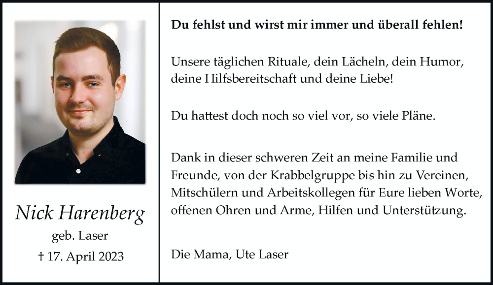  Traueranzeige für Nick Harenberg vom 03.06.2023 aus Rheinische Post