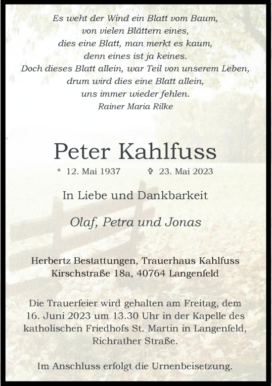 Traueranzeige von Peter Kahlfuss von Rheinische Post