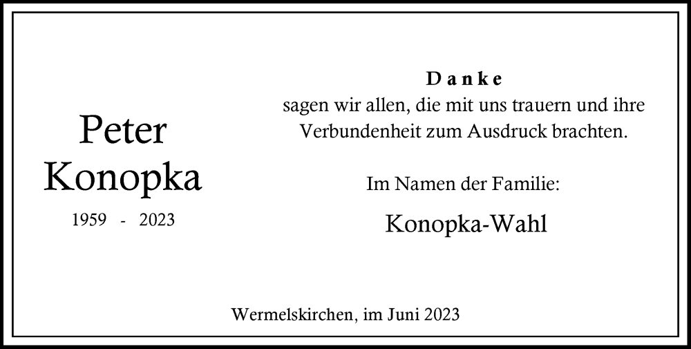  Traueranzeige für Peter Konopka vom 17.06.2023 aus Rheinische Post