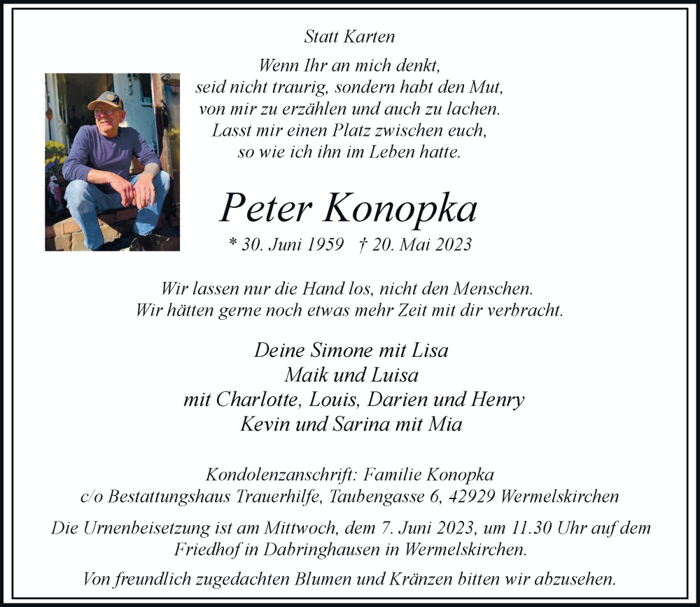  Traueranzeige für Peter Konopka vom 03.06.2023 aus Rheinische Post