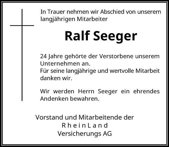 Traueranzeige von Ralf Seeger von Rheinische Post