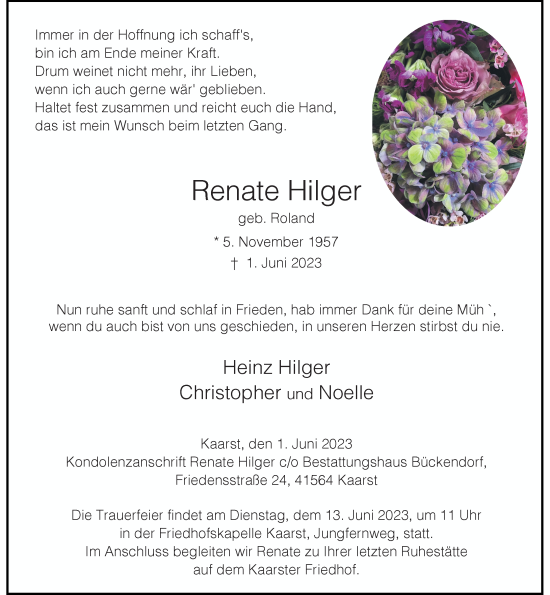 Traueranzeige von Renate Hilger von Rheinische Post